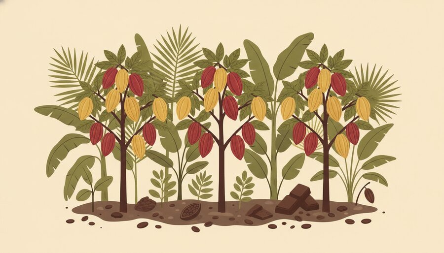 Sistema agroflorestal de cacau na Amazônia, com árvores jovens e frutos